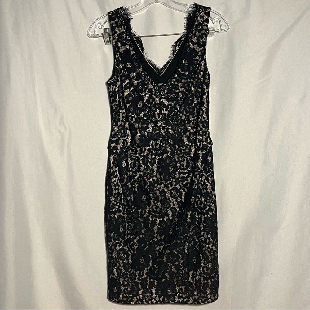 Eliza J Lace Overlay Bodycon Cocktail Dress Black Nude V‎ Neck Womens 6